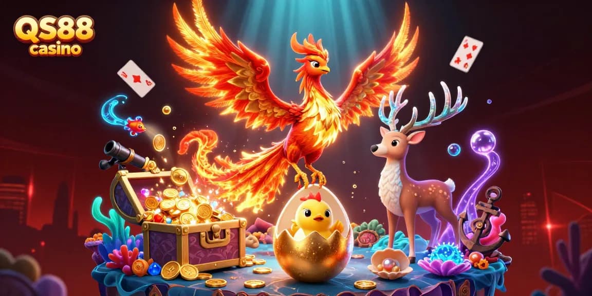 Engage with the vibrant world of QS88 casino featuring soaring phoenixes and underwater treasures.