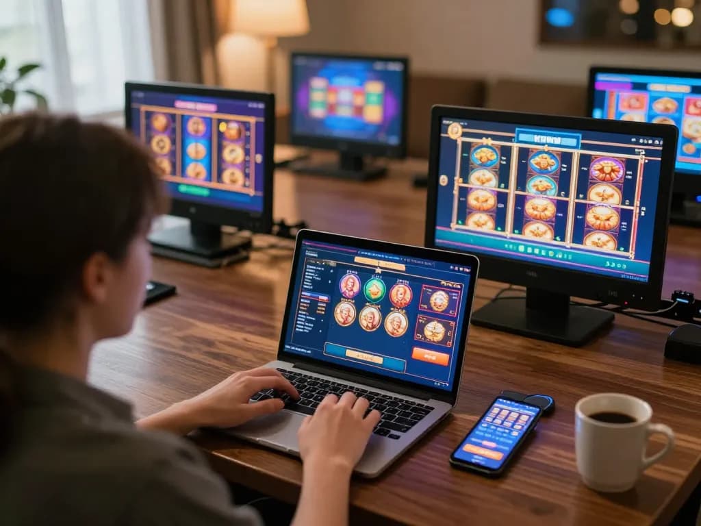 Engaging online gameplay on kuwin platform with a player using laptop and smartphone in cozy home setting