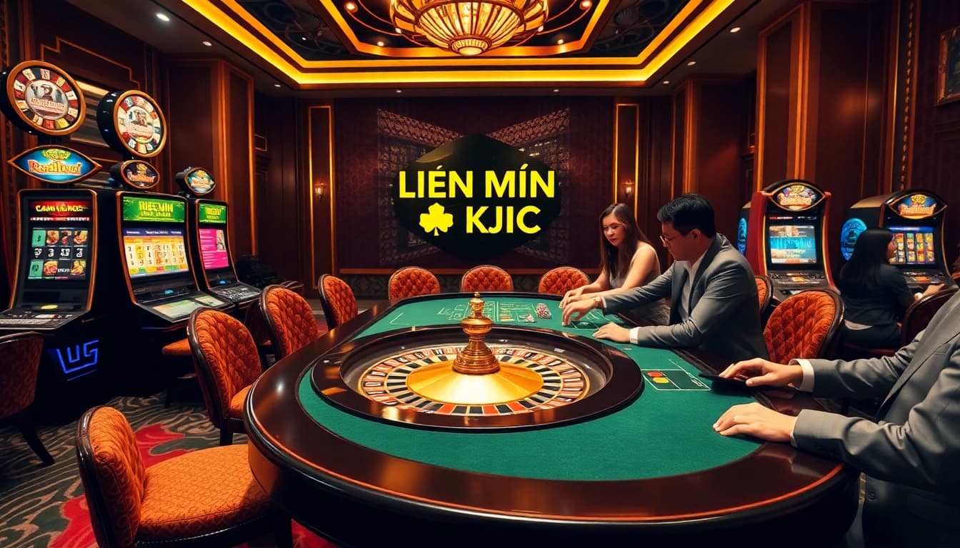 Engaging scene of gamblers playing at a Liên Minh KJC casino table with vibrant slot machines.