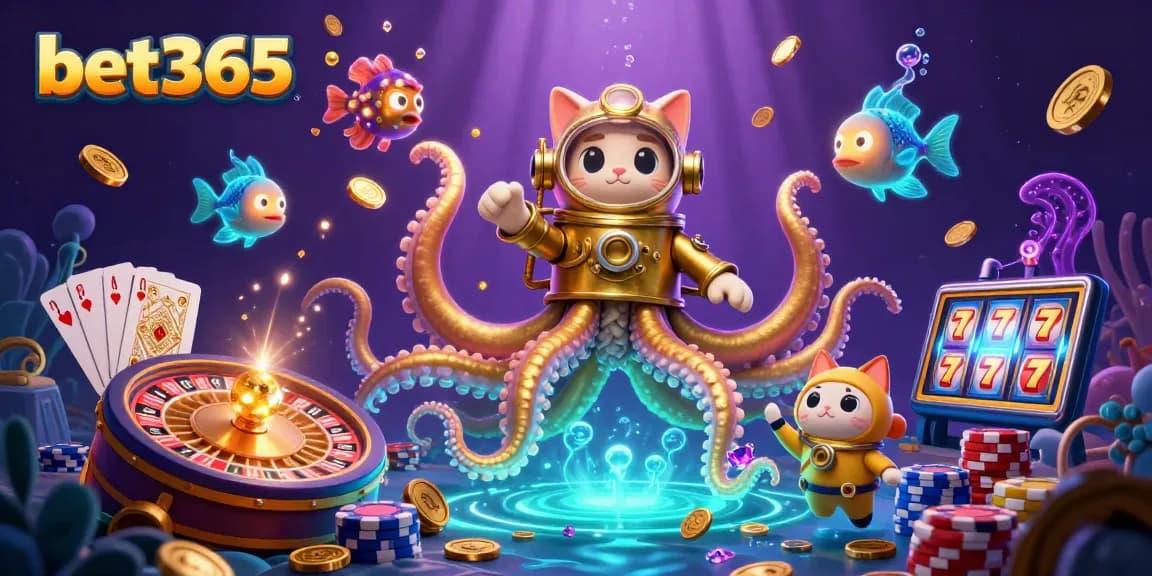Engage in the excitement of bet365 with a thrilling underwater casino adventure featuring a kraken and diving cat.