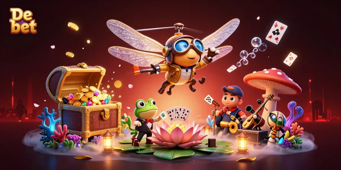 Experience thrilling gaming action with De bet in this vibrant 3D casino scene featuring unique characters and game elements.