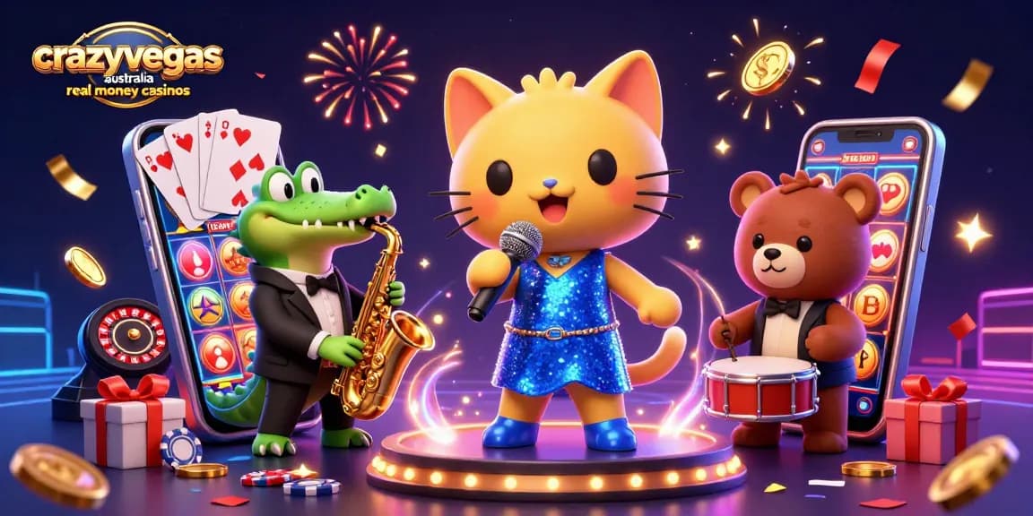 Experience excitement at crazyvegas australia real money casinos with vibrant casino characters and game elements.