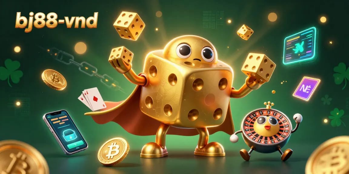 Engage with bj88-vnd by rolling giant golden dice alongside crypto elements in a lively 3D casino scene.