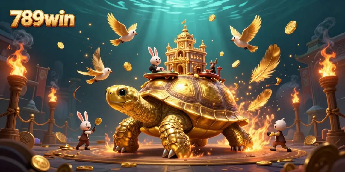 Engage with 789win's vibrant casino action featuring a golden tortoise, dealer, and floating coins.