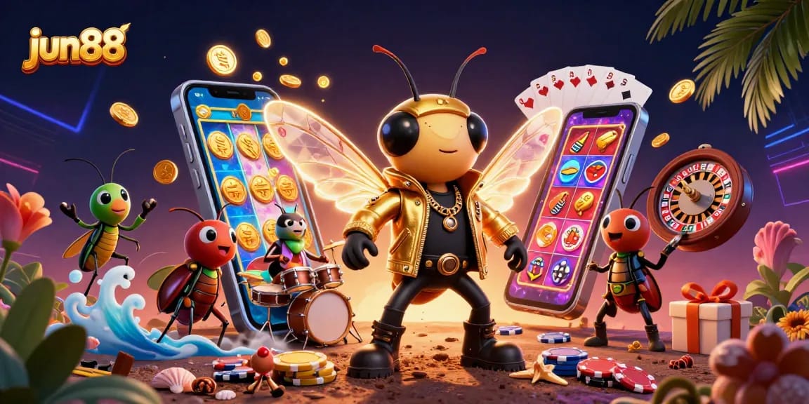 Experience thrilling gaming action at jun88 with vibrant characters, exciting slots, and dynamic casino elements.
