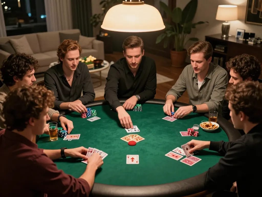 Playing poker at home with friends, showcasing the engaging atmosphere of 566's gaming environment