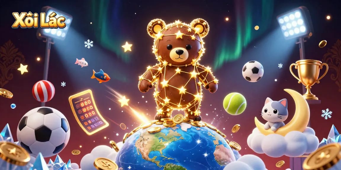 Xôi Lạc sports betting illustration featuring a constellation bear scooping coins, with dynamic sports elements and a vibrant atmosphere.