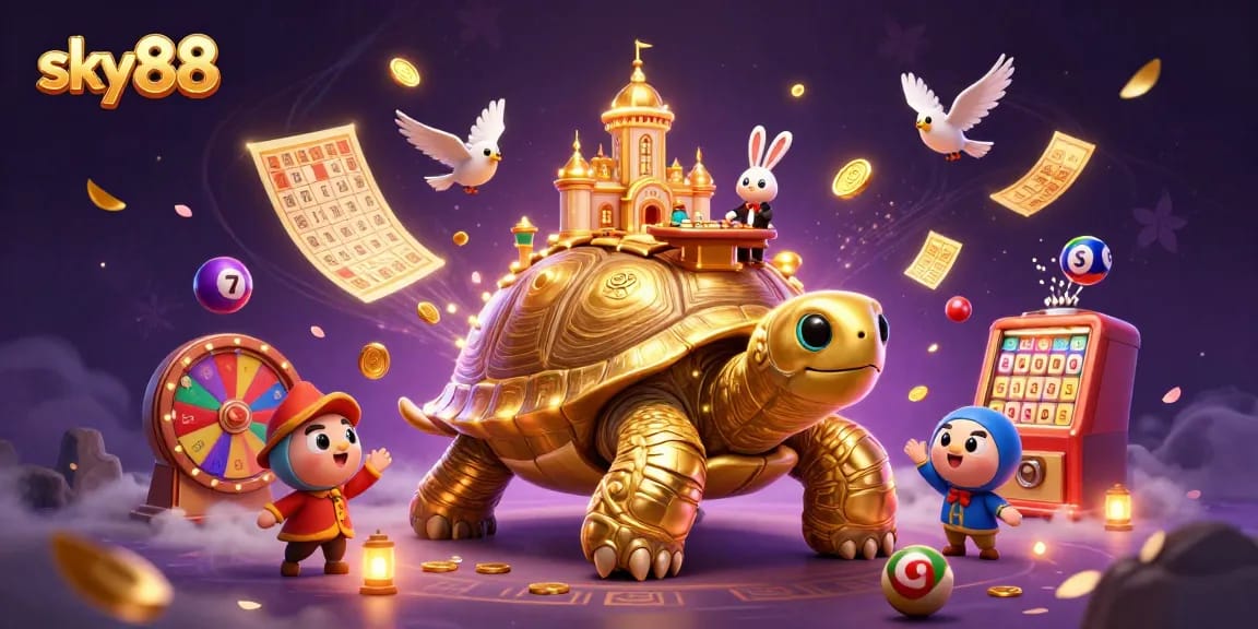 Experience the excitement of sky88 casino with vibrant games and golden wins in this 3D illustration.