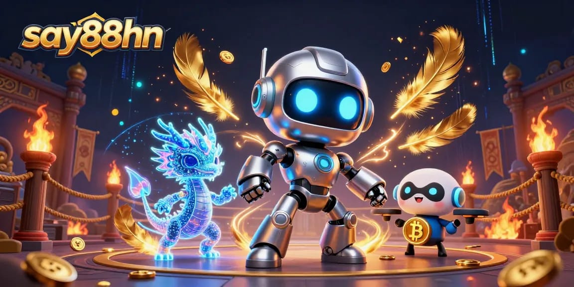 Exciting gambling experience at say88hn with a robot, dragon, and bitcoin in a vibrant casino setting.