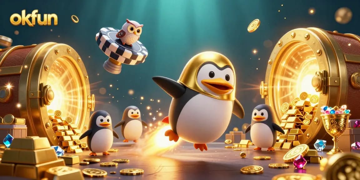 Experience the excitement of okfun with a lively 3D scene filled with golden treasures and casino elements.