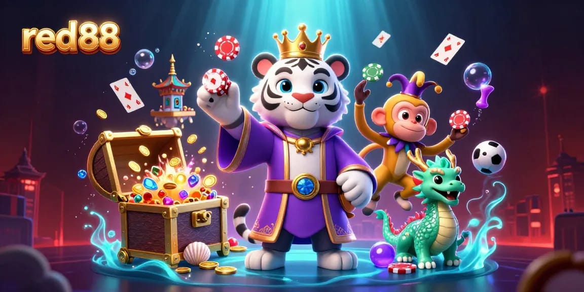 Unleash fortune with red88's exciting 3D illustration of casino-themed characters amidst vibrant gaming elements.