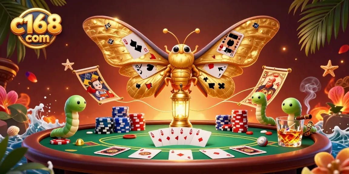 Engage with vibrant casino scenes as C168 com offers thrilling gameplay alongside a majestic atlas moth illustration.