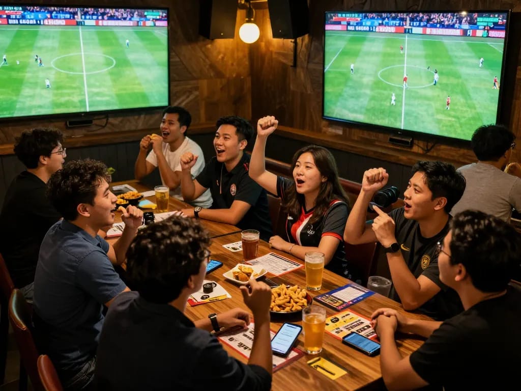 Fans enjoying bóng đá trực tiếp at a sports bar, celebrating goals and discussing game strategies