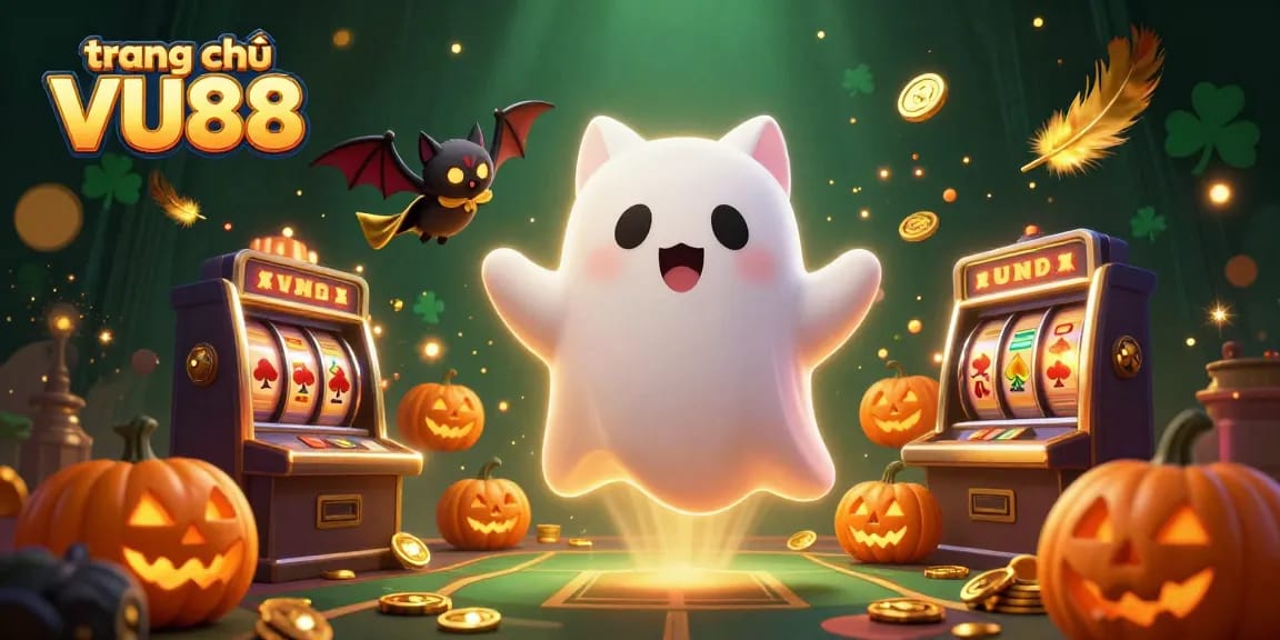 Win big at trang chủ VU88 with a magical scene featuring a friendly ghost cat and slot machines.