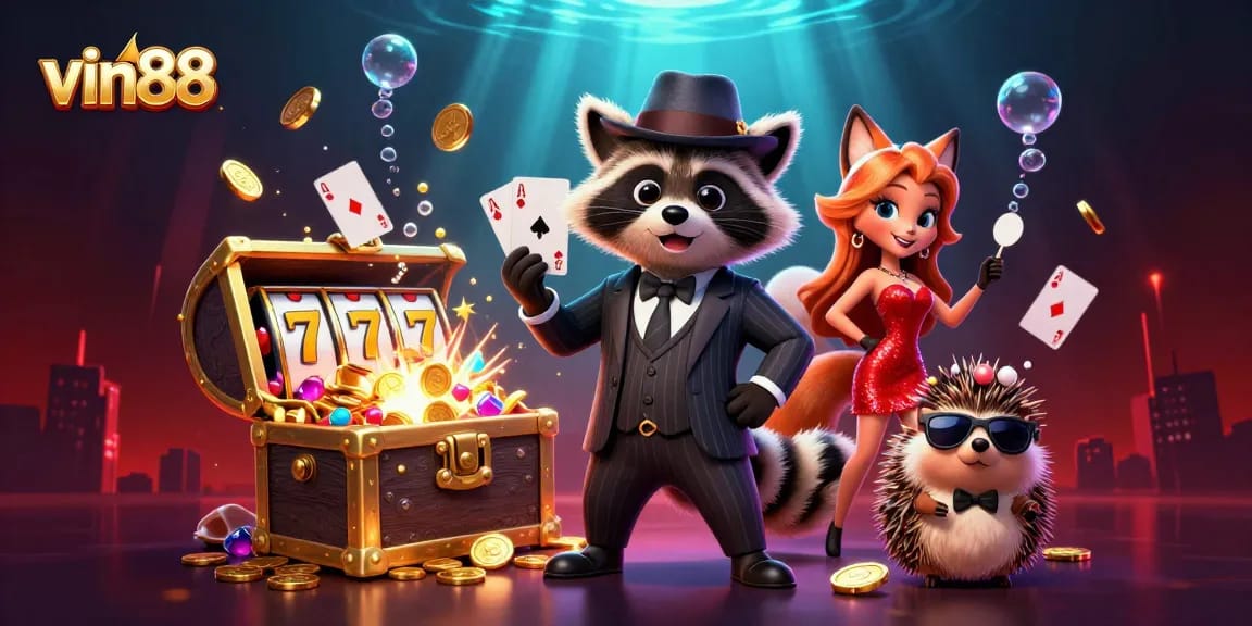Experience vin88's thrilling online gaming with a vibrant 3D illustration showcasing casino elements.