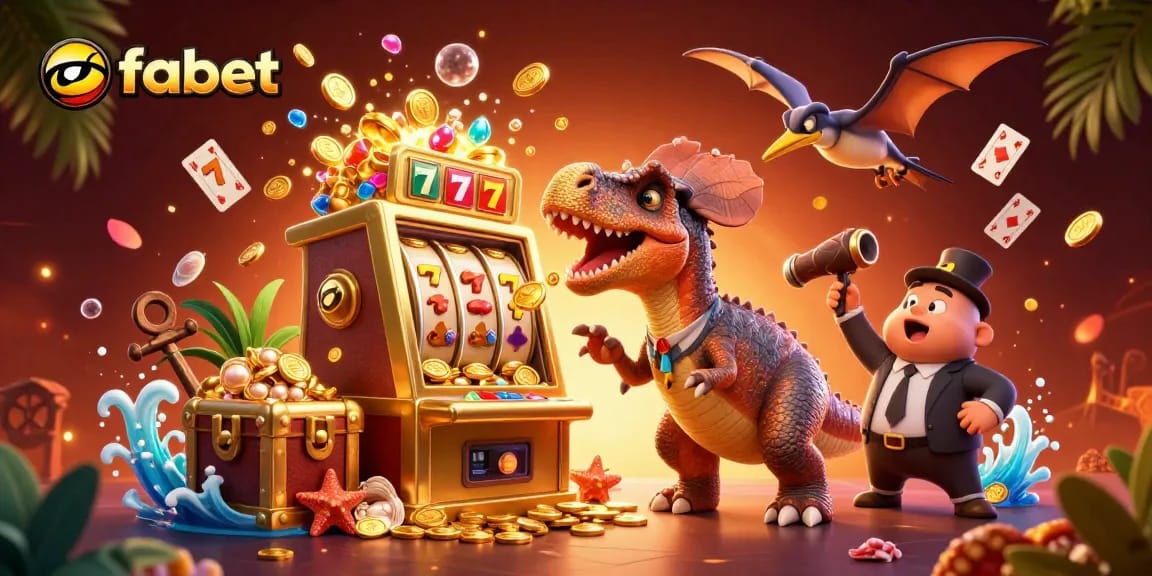 Experience winning moments at fabet with a dinosaur hitting the jackpot at a vibrant casino scene.
