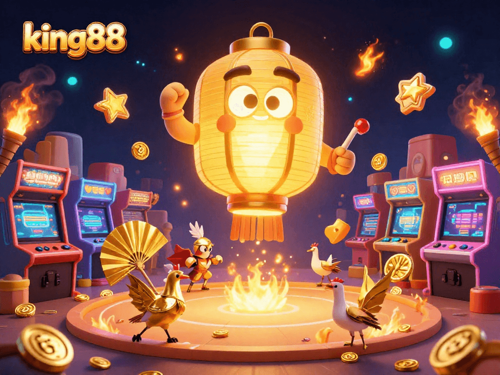 Engage in betting at king88 with colorful gaming elements and a dynamic lantern spirit in a vibrant casino scene.