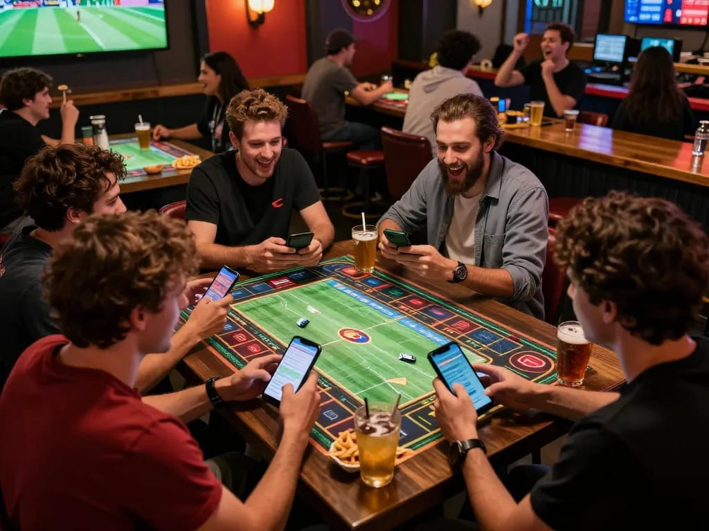 Friends enjoying live sports betting with Fun88 app during exciting match