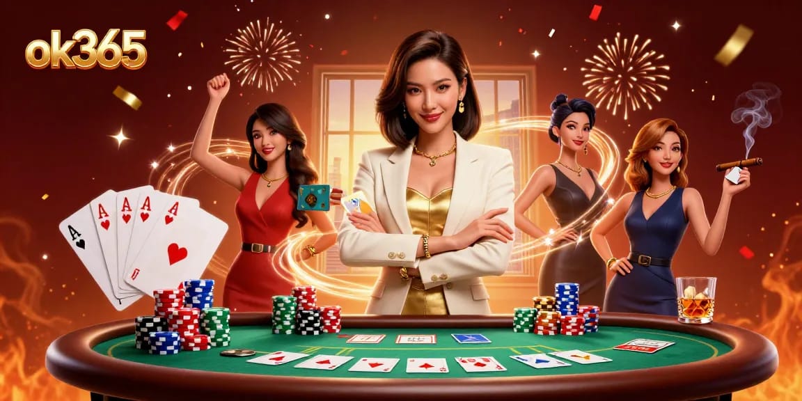 Experience excitement at ok365 with a glamorous poker scene featuring skilled players and vibrant game elements.