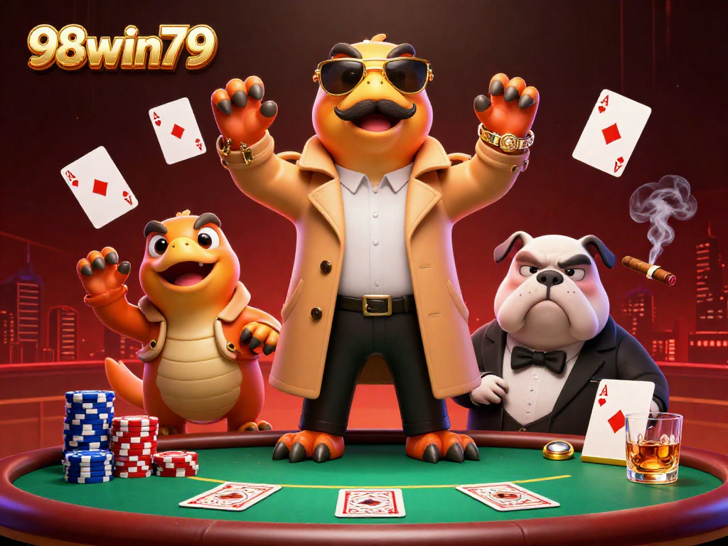 Experience thrilling gameplay at 98win79 with cartoon raptors sneakily entering a VIP casino.