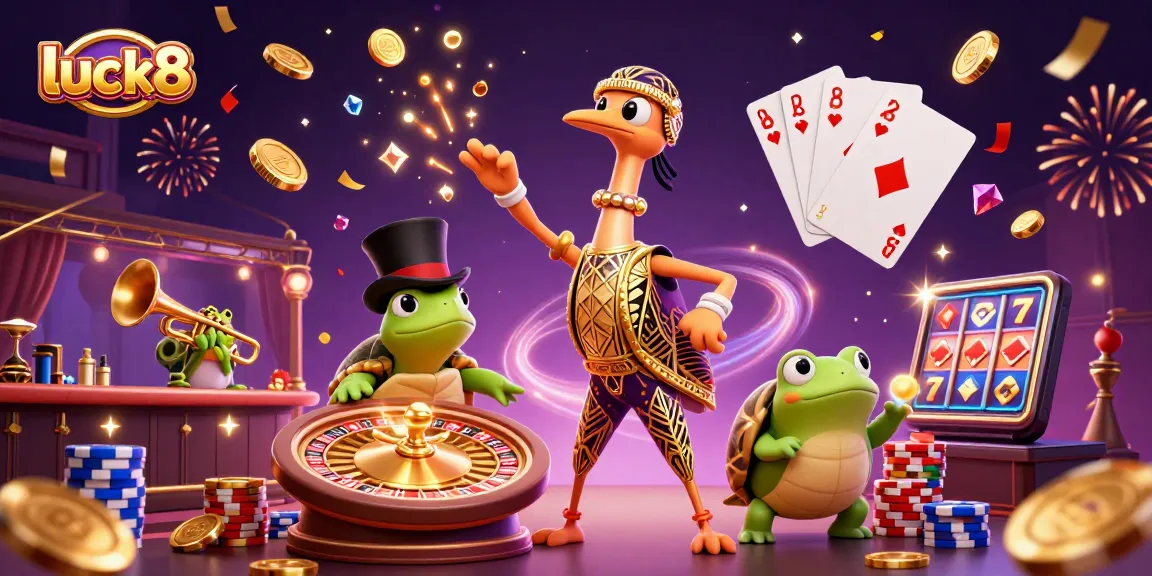 Experience luck8's thrilling casino atmosphere with coins flying and vibrant game elements.