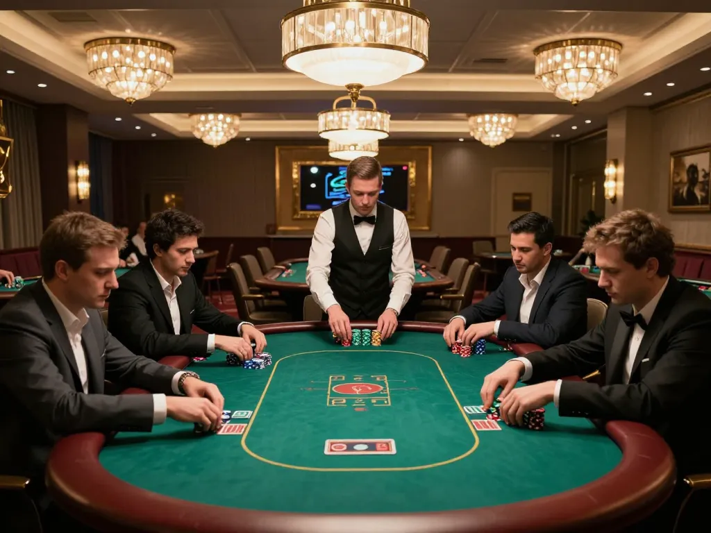 Players engaging at a VIP poker table, showcasing the link u888 for premium gaming experiences in a luxurious setting.