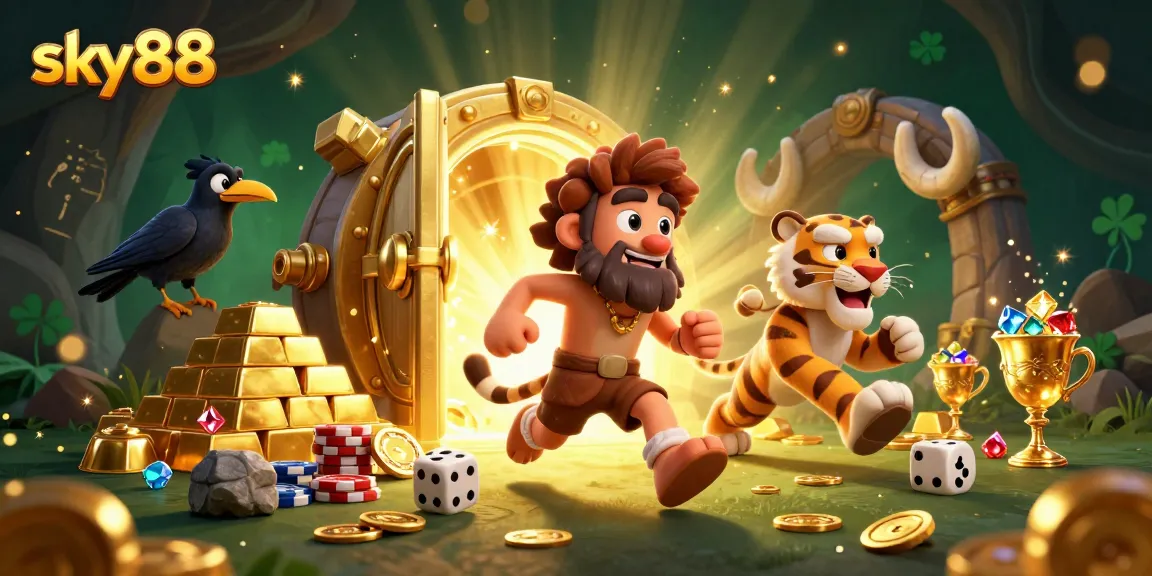 Sky88 showcases a vibrant, dynamic casino scene with a cartoon caveman, tiger, and crow amid gold treasures.