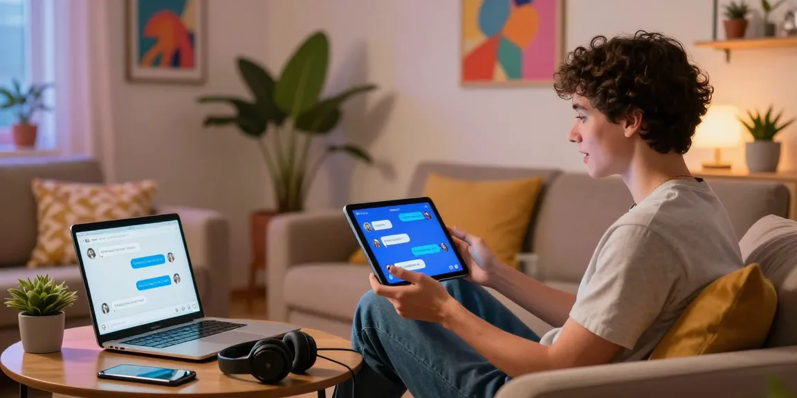 An engaging user enjoying a conversation with an nsfw chat bot on a tablet in a cozy living room.