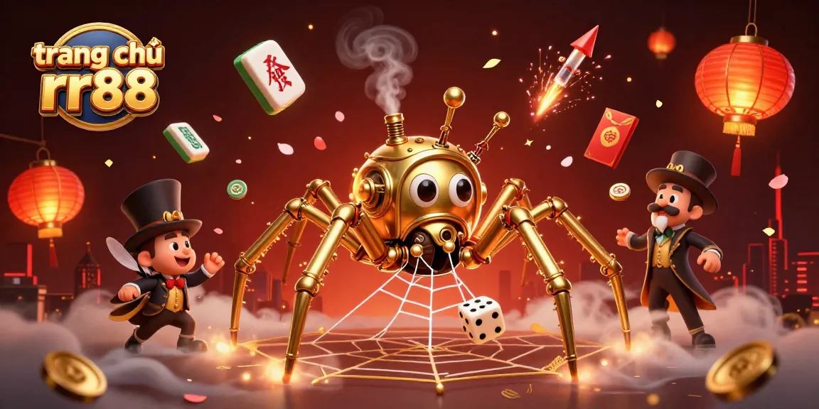 Experience the excitement at trang chủ rr88 featuring a steampunk spider creating a golden web among dazzling casino elements.
