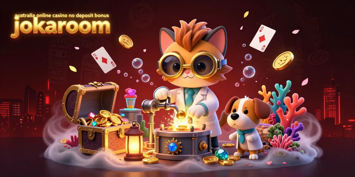 A vibrant scene depicting the australia online casino no deposit bonus jokaroom, showcasing a mad scientist cat and dog amid a treasure explosion.