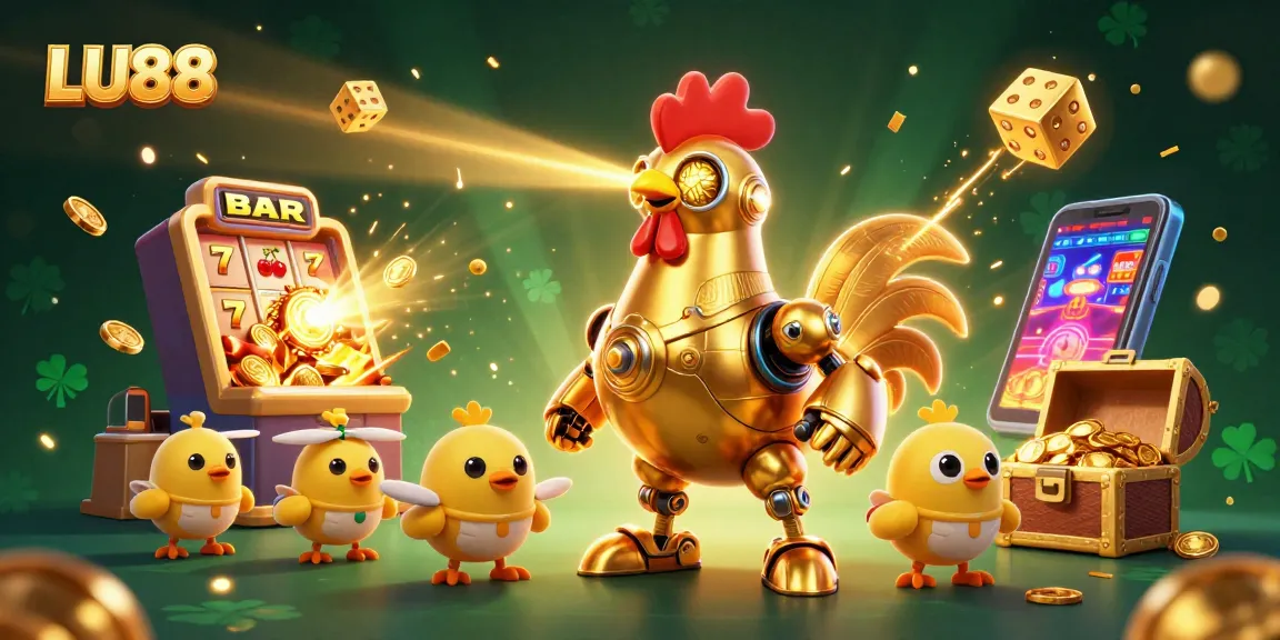 Engage with LU88's vibrant gaming scene featuring a golden rooster and baby chicks among slot machines and dazzling jackpots.