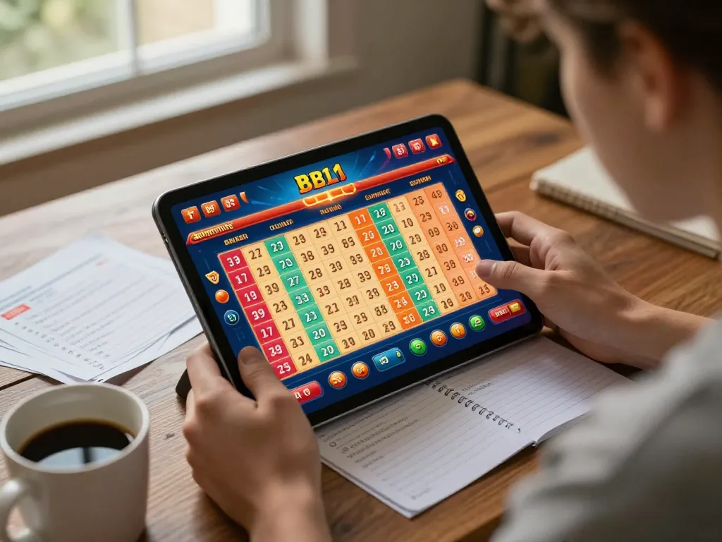 xổ số 88vv engaging online lottery selection with colorful graphics in a warm home setting