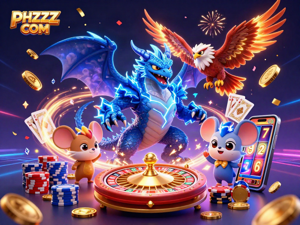 Engage in dynamic gaming adventures with PHZZZ COM in an electrifying casino scene featuring vibrant characters and elements.