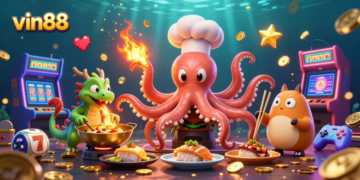 Experience excitement in vin88 with a lively scene featuring a sushi chef octopus and vibrant casino elements.