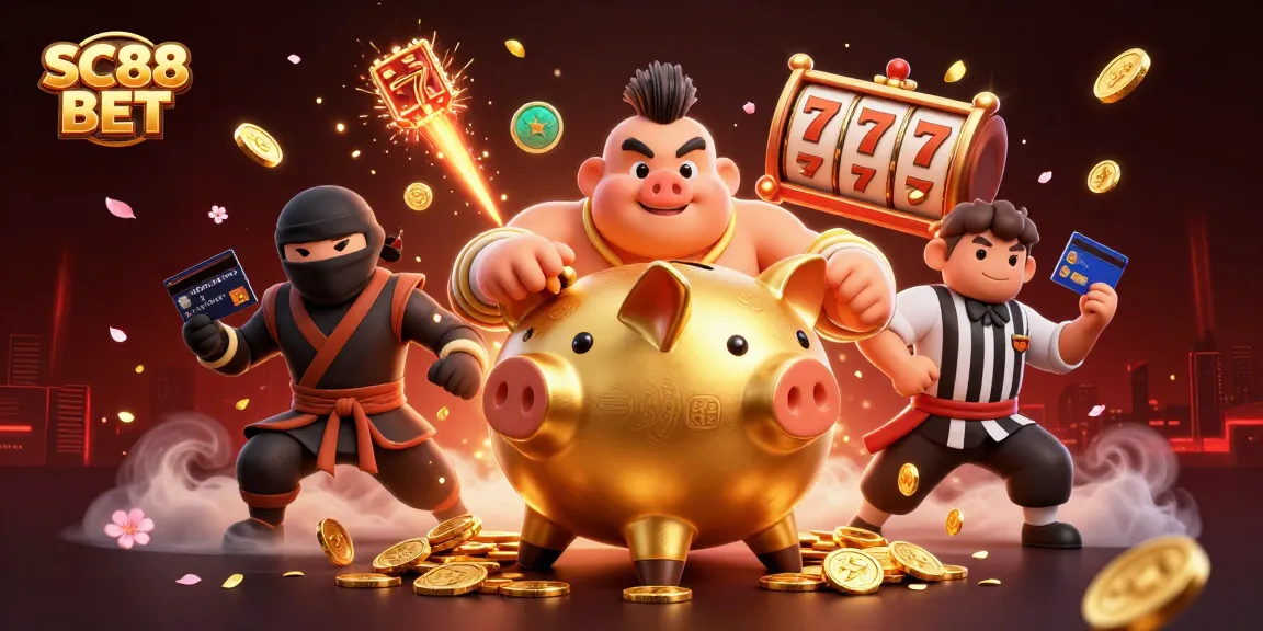 Experience big wins with SC88 BET as a golden piggy bank sumo wrestler shakes loose coins in a vibrant casino scene.