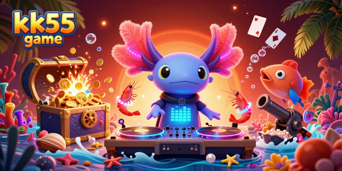Join the fun with kk55 game, a vibrant scene of an axolotl DJ and colorful sea creatures celebrating the thrill of online gaming.