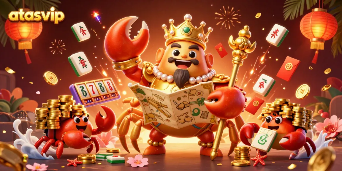 Play exciting slots at atasvip featuring a golden crab emperor and vibrant casino elements.