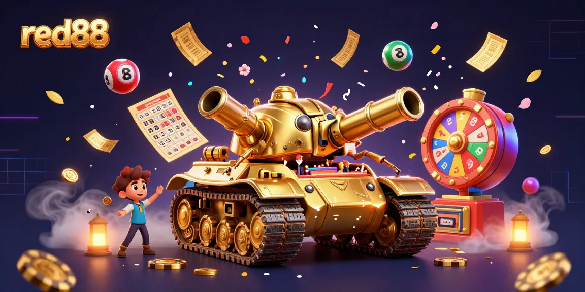 Experience the thrill of red88 with an exciting lottery game illustration showcasing vibrant elements and a dynamic casino environment.