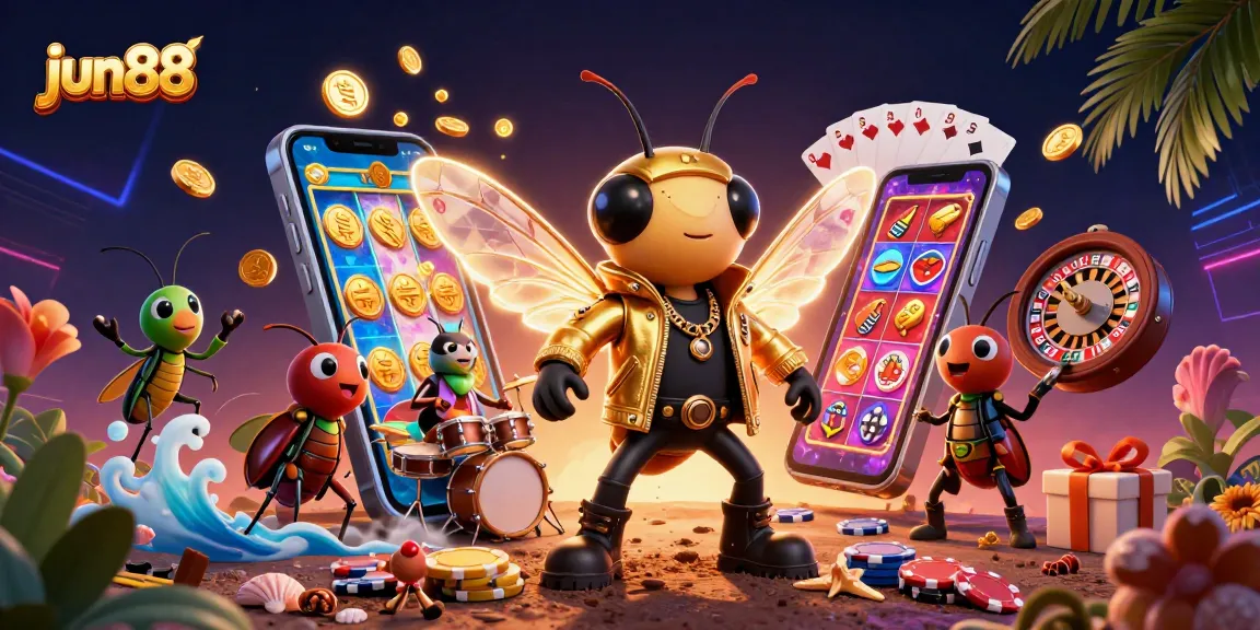 Experience thrilling gaming action at jun88 with vibrant characters, exciting slots, and dynamic casino elements.