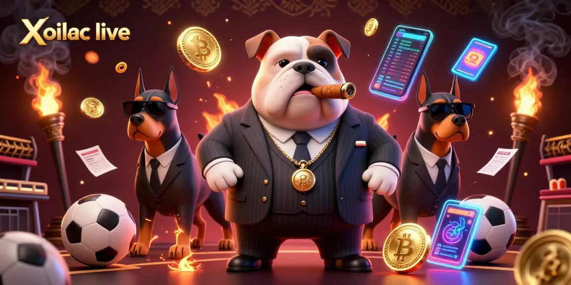 Xoilac live sports betting scene with mafia bulldog and Dobermans, showcasing vibrant casino elements