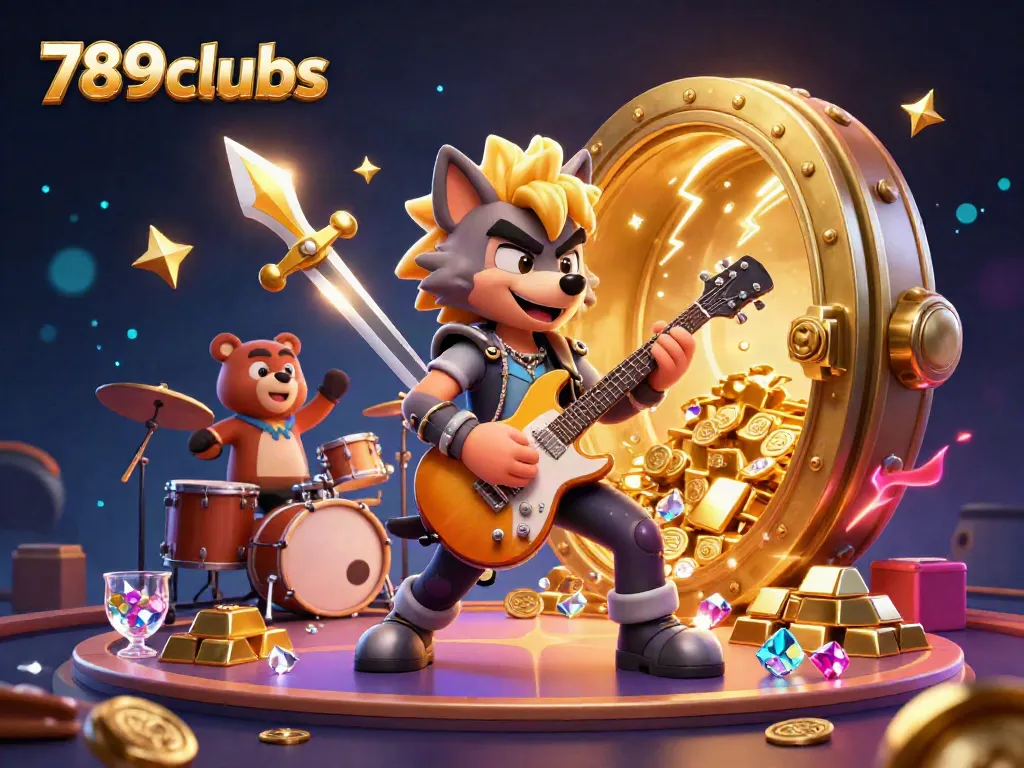 Experience the thrilling atmosphere of 789clubs with a lively scene featuring a rock star wolf and a bear drummer in a vibrant casino.