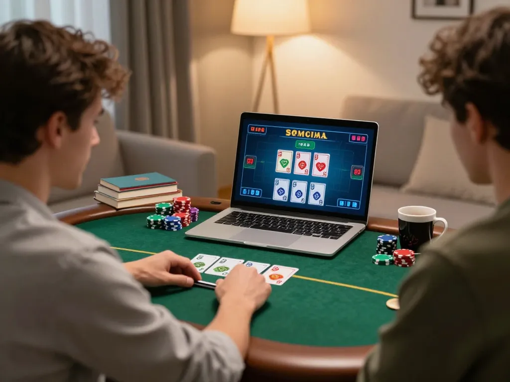 Engaged player at home playing poker online on RR88, showcasing strategy and excitement.