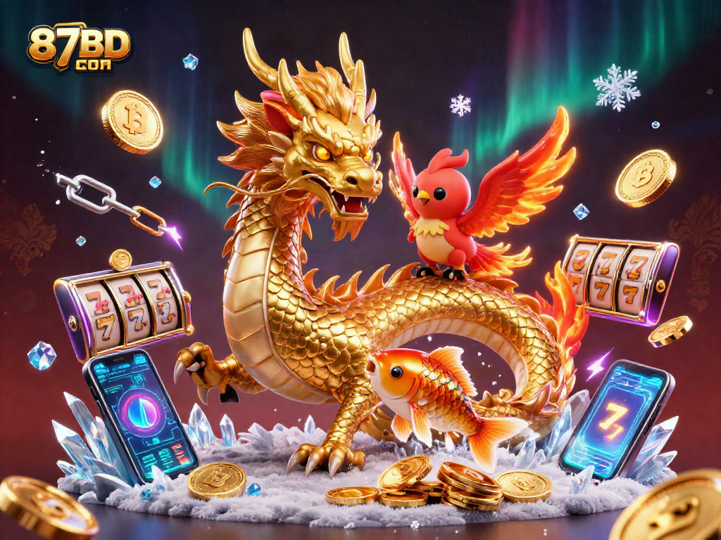 Engage in thrilling gameplay at 87BD COM with a dynamic 3D casino scene featuring dragons and crypto coins.