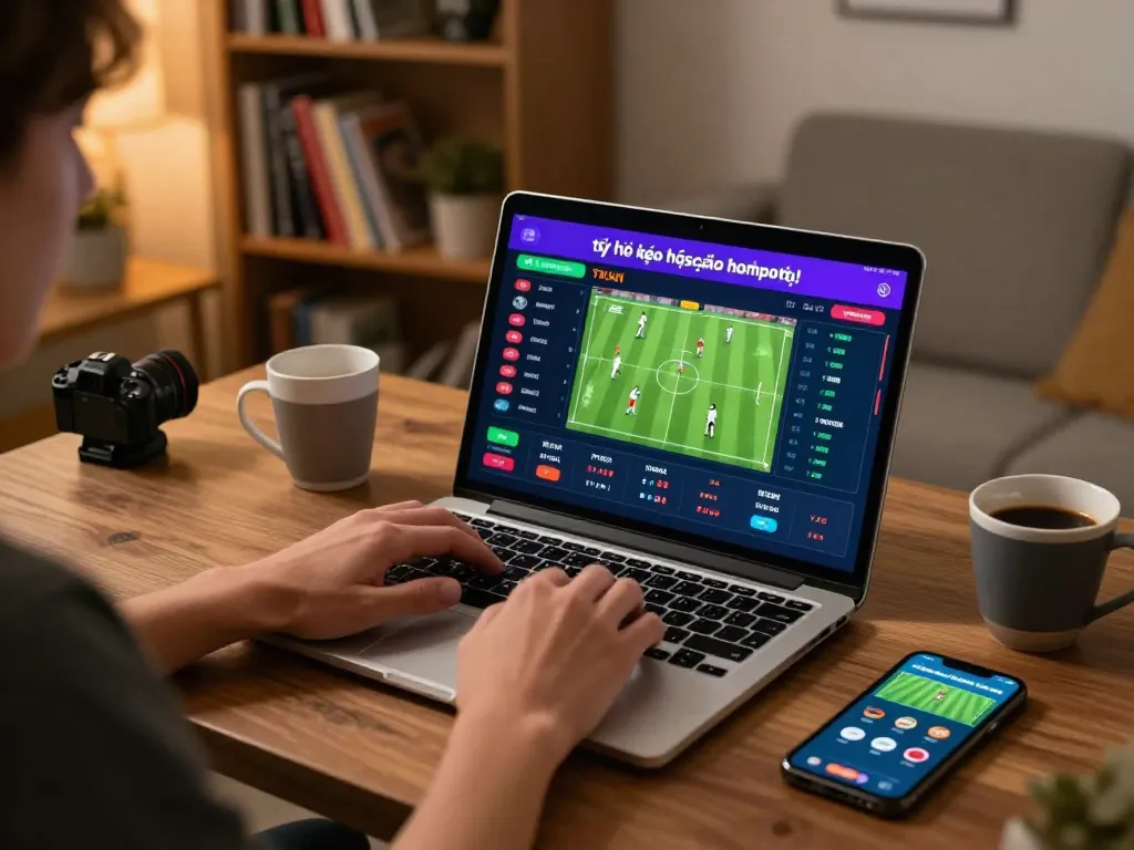 Tỷ lệ kèo nhà cái hôm nay displayed on a laptop screen during an online sports betting session.