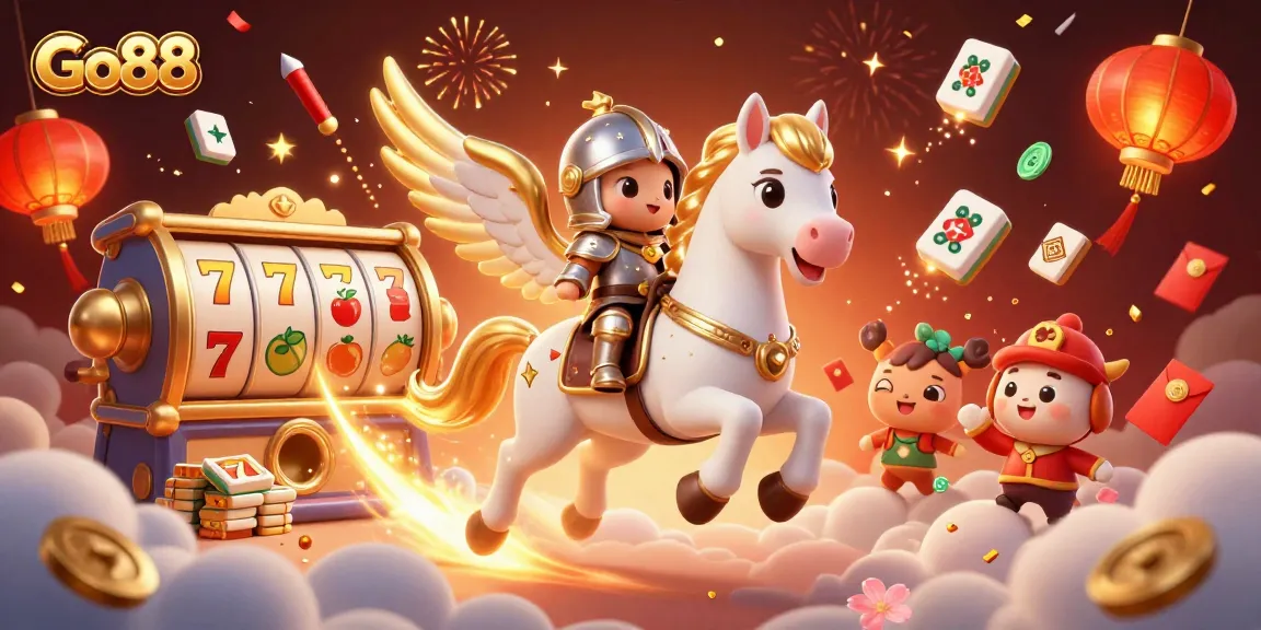 Experience thrilling gameplay at Go88 with dynamic slot reels and a celestial knight character.