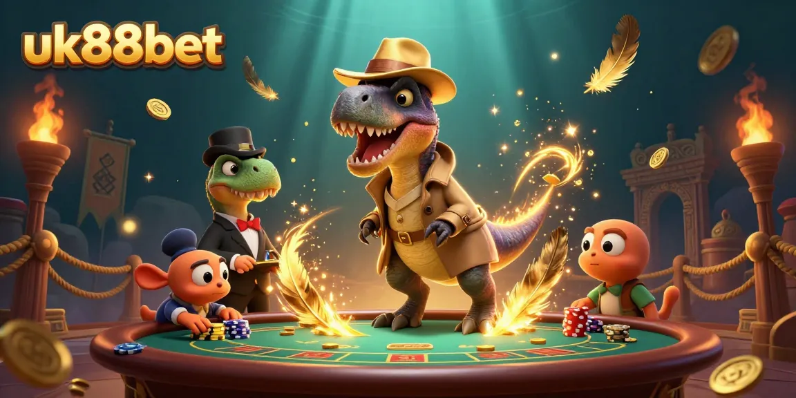 Experience thrilling gameplay at uk88bet with a velociraptor card counter amidst vibrant casino elements and dramatic lighting.