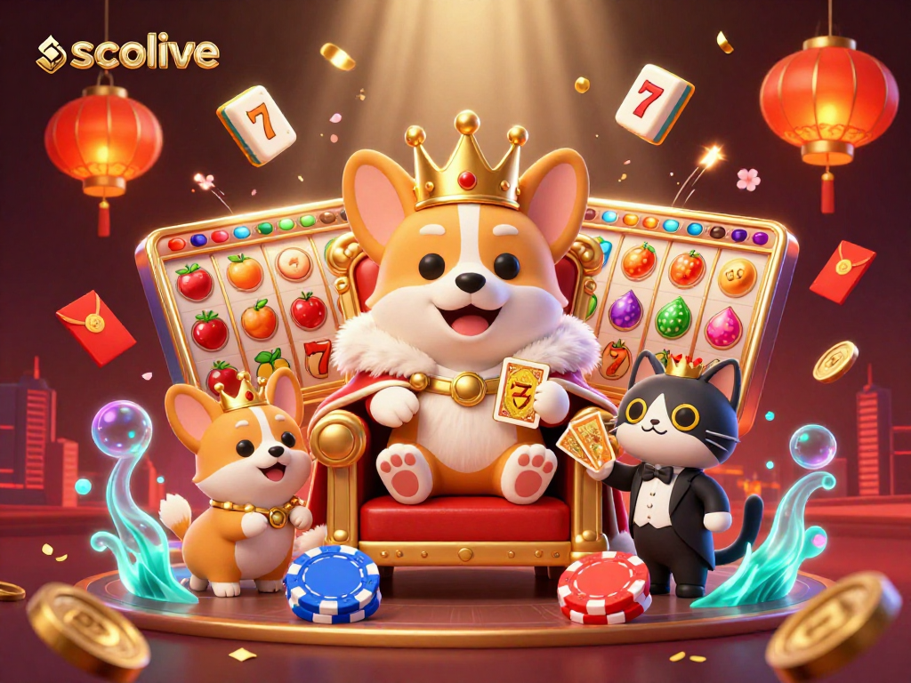 Engage with socolive in a vibrant scene featuring a royal corgi and slot machines.