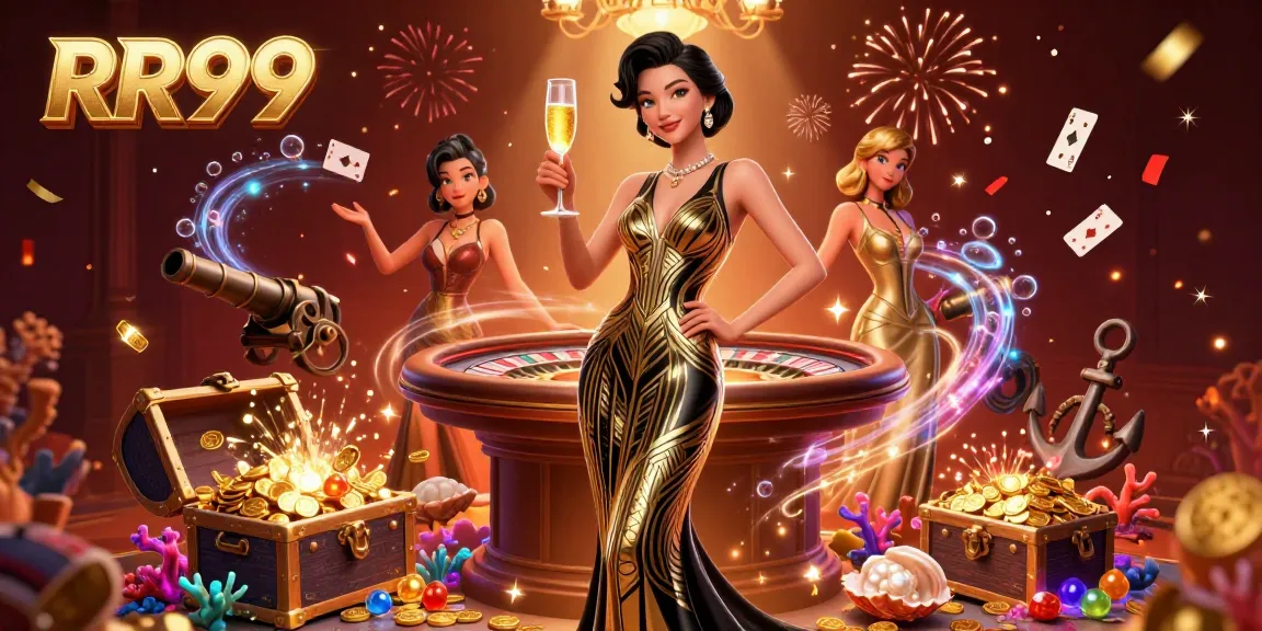 Play and win with RR99 at an elegant casino featuring vibrant gold elements and dynamic gameplay.