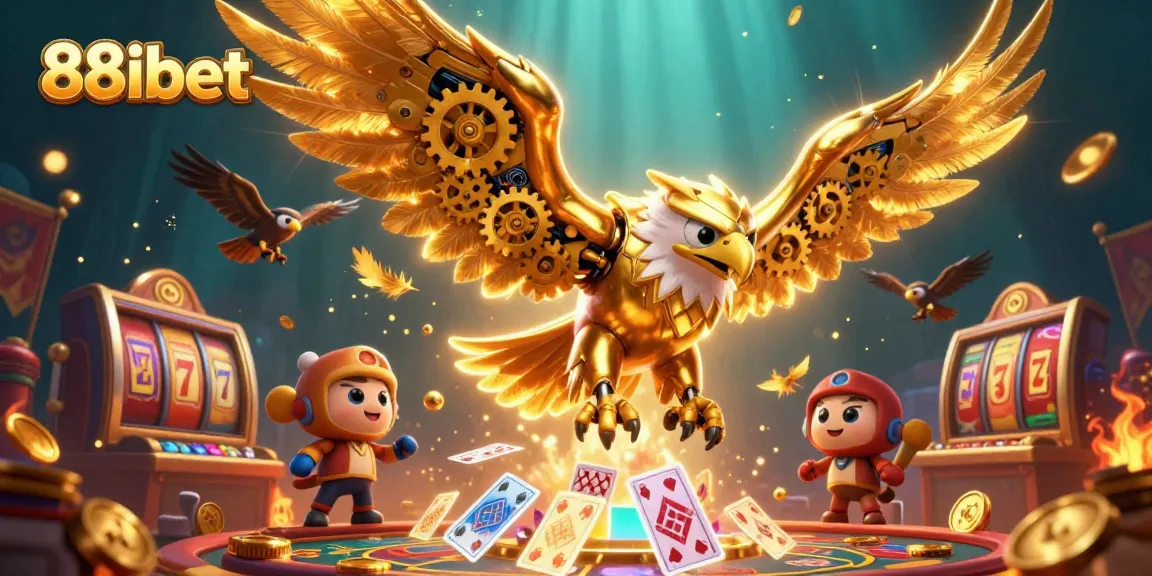 Engage in thrilling casino action with 88ibet's cybernetic eagle soaring amidst golden winnings.