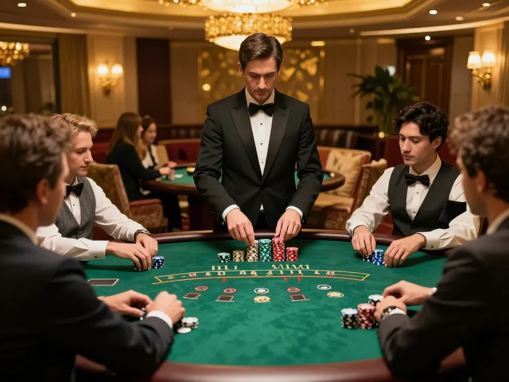 Players at 98win blackjack table strategizing for wins in a luxurious casino.